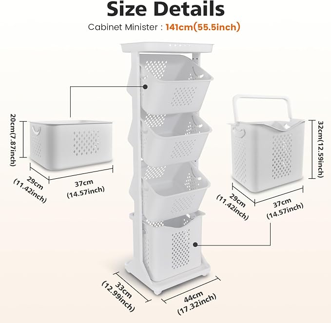 BAOKALER 4-Tier Laundry Hamper Sorter, Vertical Rolling Laundry Baskets with Wheels Removable, Stackable Laundry Cart Organizer and Storage for Small Space, Dorm, Closet, Bathroom