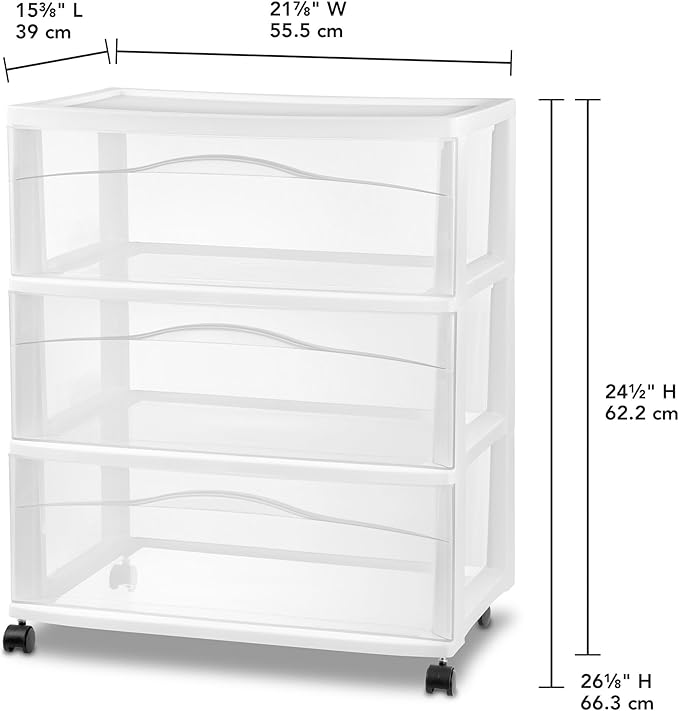 Sterilite Wide 3-Drawer Cart, Plastic Storage Organizer Drawers with Wheels, White - Rolling Multipurpose Bins for Dresser, Closet, Cabinet, Bedroom, Bathroom, and Office Organization