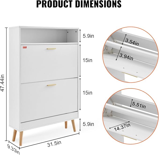 VEVOR Shoe Storage Cabinet for Entryway, 31.5" D x 9.4" W x 47.3" H, White