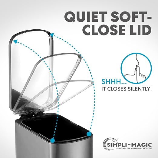 SIMPLI-Magic 6L/1.6G Stainless Steel Bathroom Trash Can with Hands-Free Foot Pedal, Quiet Soft-Close Lid, Compact Space-Saving Size