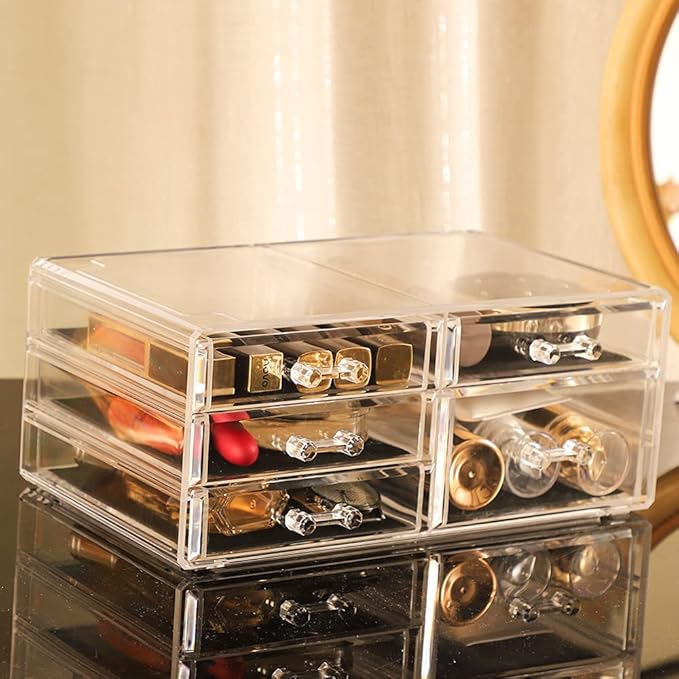 Cq acrylic 1 Pack Clear Desk Organizer With Drawers,Stackable 5 Drawers Skincare Organizer,Cute Skin Care Organizers for Vanity Hair Clip,Jewelry,Beauty Product Desk and Makeup Organizers Countertop