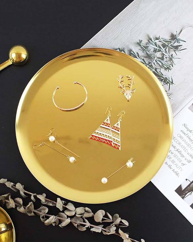 Serving Trays 11in Stainless Steel Decorative Tray Round Gold Tray for Kitchen Wedding Party Coffee Table