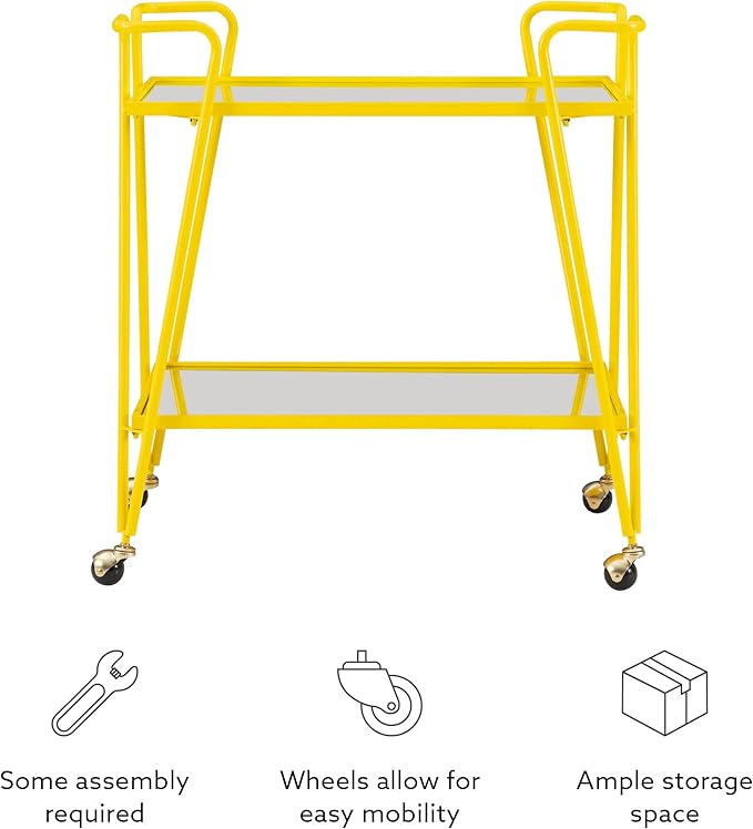 Gina Yellow Mid Century Bar Cart with Mirrored Shelves by Linon