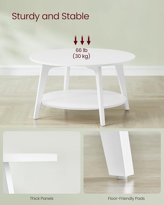 VASAGLE MAEZO Collection - Round Coffee Table, 2-Tier Center Table with Storage, Tapered Legs, Curved Transitions, 31.5 Dia. x 17.7 H Inches, Easy Assembly, for Living Room, Snow White ULCT243W14