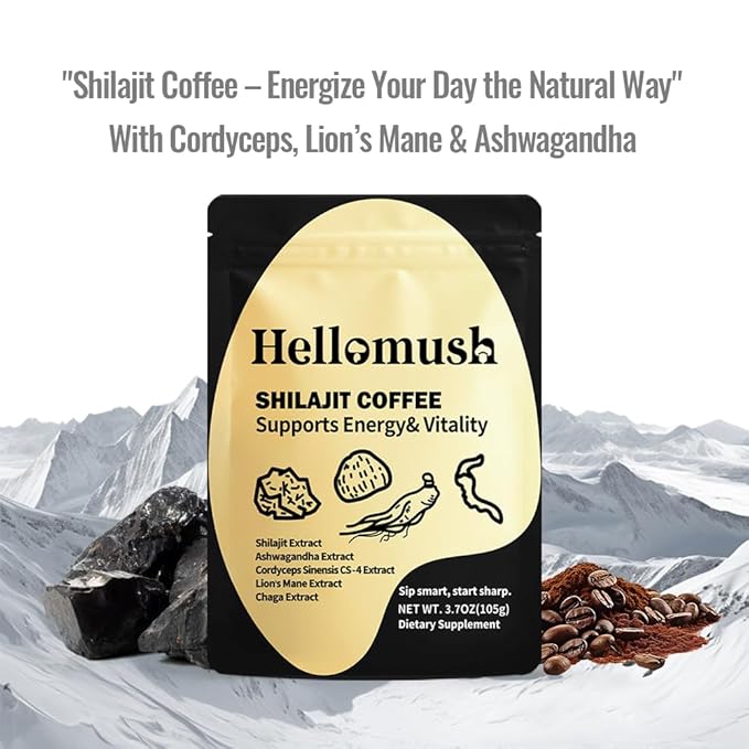 Hellomush Organic Shilajit Coffee - Premium Himalayan Shilajit Coffee Blend With Cordyceps, Lion's Mane, Chaga & Ashwagandha - Natural Energy & Focus Booster - Superfood with Rich Flavor - 3.7 oz