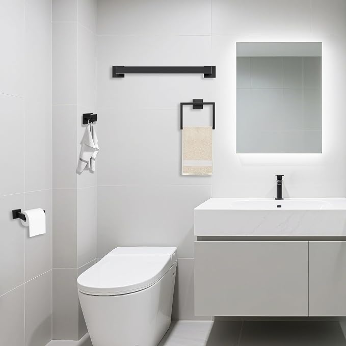JOPOFI 10 Piece Bathroom Towel Bar Set - 23.6 Inch Bathroom Towel Holder, Thicken Stainless Steel Towel Racks for Bathroom Wall Mounted, Bathroom Hardware Accessories Set - Matte Black