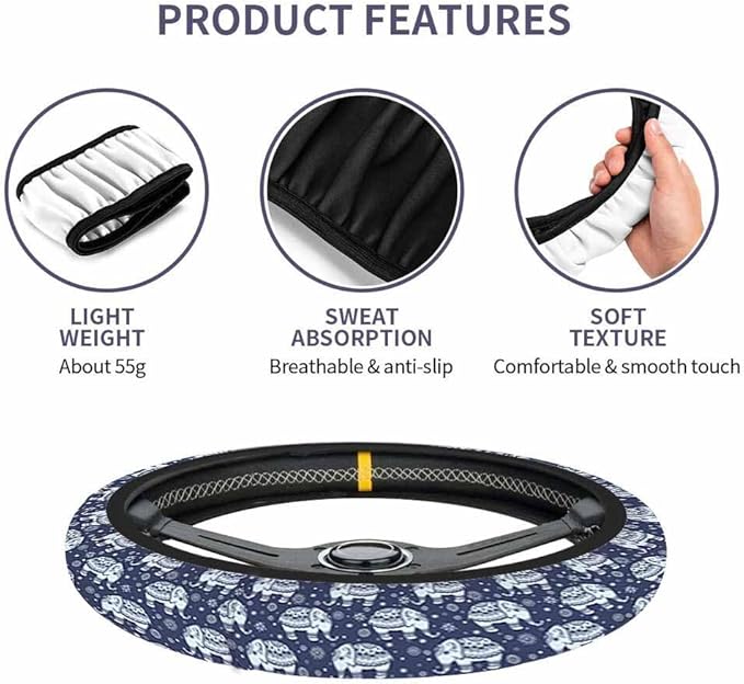 Elephant Car Steering Wheel Cover Ethnic Indian Background in Retro Colors Steering Wheel Cover Car Decor Suitable for Most Vehicles Including Trucks and SUV