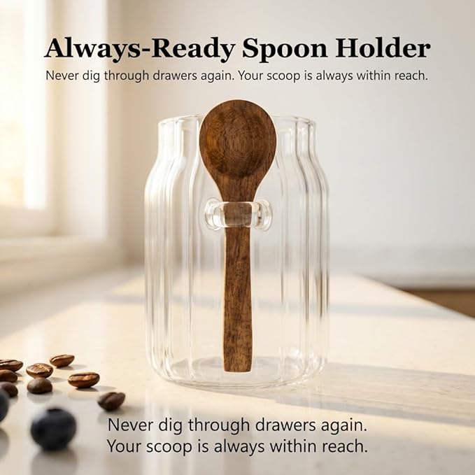FUYIHGL® 3PCS Glass Storage Jars with Wooden Lids & Spoons – 20oz Airtight Canister Set with DIY Blank Labels – Decorative Small Containers for Coffee Bar, Bath Salts, Sugar, Spice & Overnight Oats