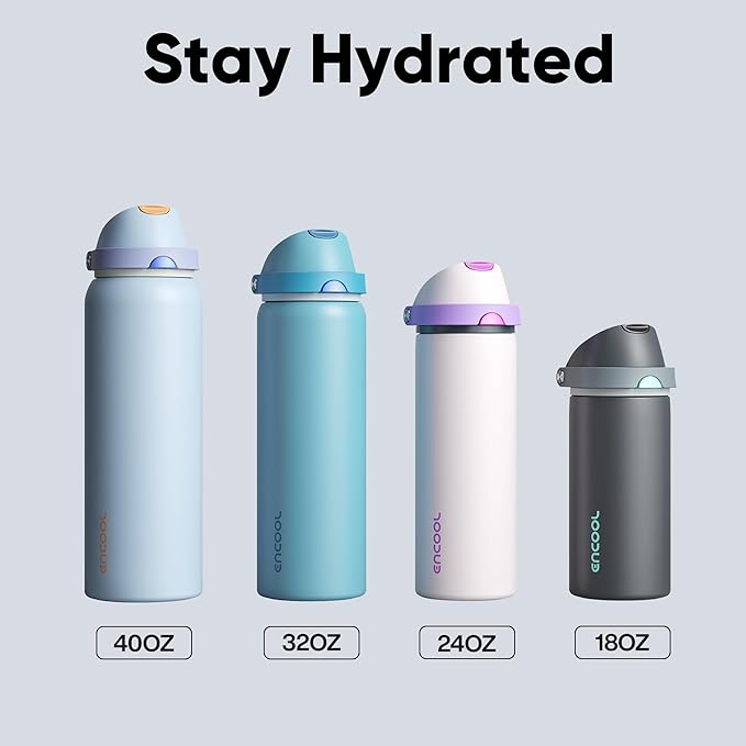Insulated Water Bottle with Straw - Encool Stainless Steel Water Bottle with Push Button Lid, Leak-Proof & BPA-Free, Keeps Cold for 24 Hours for Sports, Travel, Gym (32 oz, Lichen-Yellow)