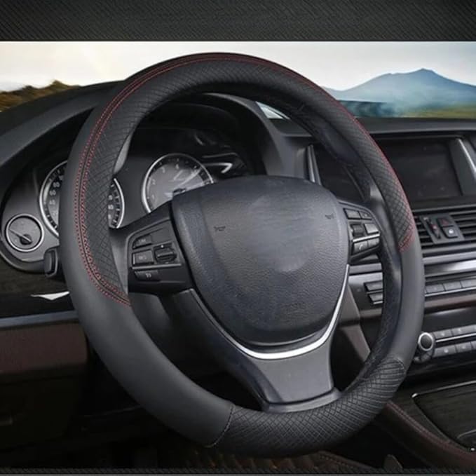 Car Semi Truck Van Leather Steering Wheel Cover Fits 14 15 16 17 18 19 Inch Maximum Grip Non Slip Durable Universal Fit for Most Vehicles (40cm/15.7in,Black)