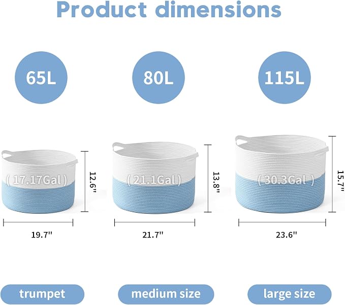 Foldable Laundry Hamper Basket with Collapsible Handle Cotton Rope Soft Woven Fabric Storage Organizer Clothes Toys Nursery Bedroom Dorm Space Saving Bin (White & Blue, 65L(19.7"D x 12.6"H))