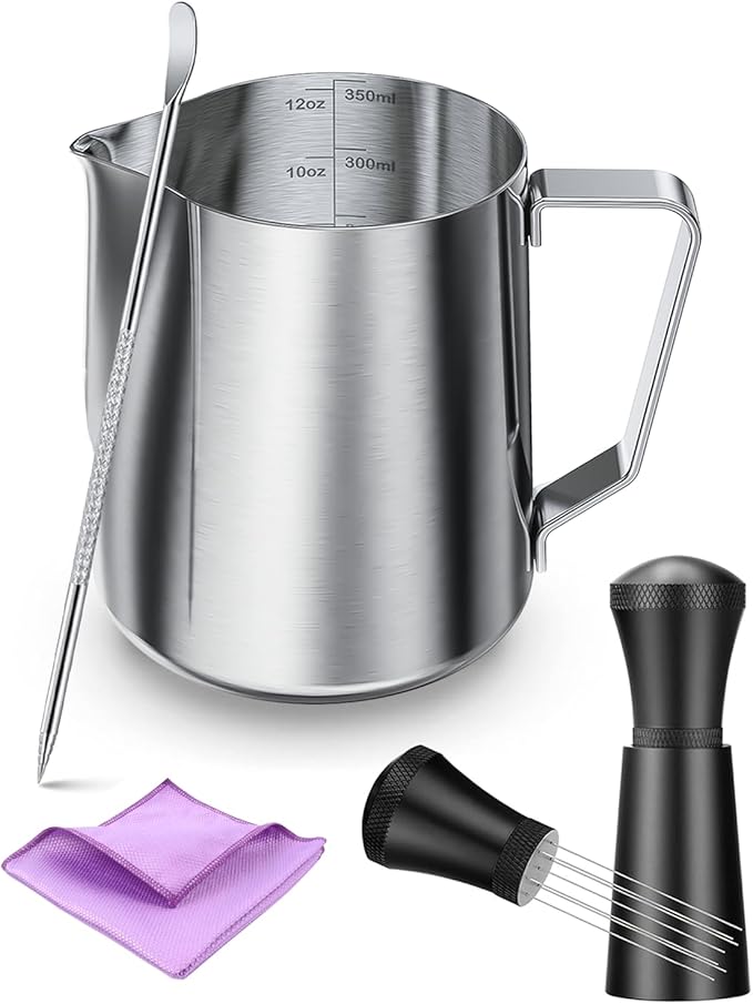 Maestri House 4-Piece Barista Espresso Accessories Kit – WDT Distribution Tool, 12oz Milk Frothing Pitcher with Latte Art Pen, Steam Wand Cleaning Towels, Home Coffee Barista Tool Set