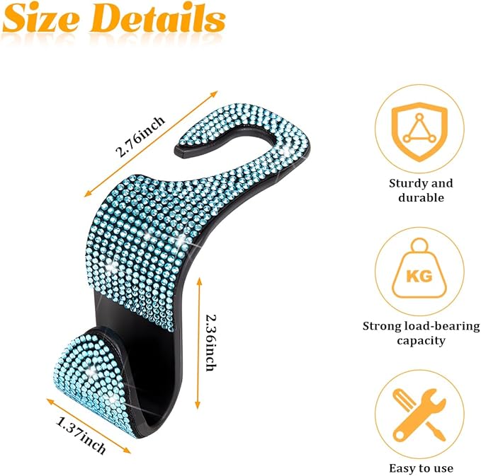 HZEL Bling Car Seat Headrest Hooks, 4PCS Crystal Rhinestone Vehicle Seat Back Hanger Holder for Purses Bag Handbags, Diamond Headrest Storage Organizer, Universal Auto Accessories (Blue)