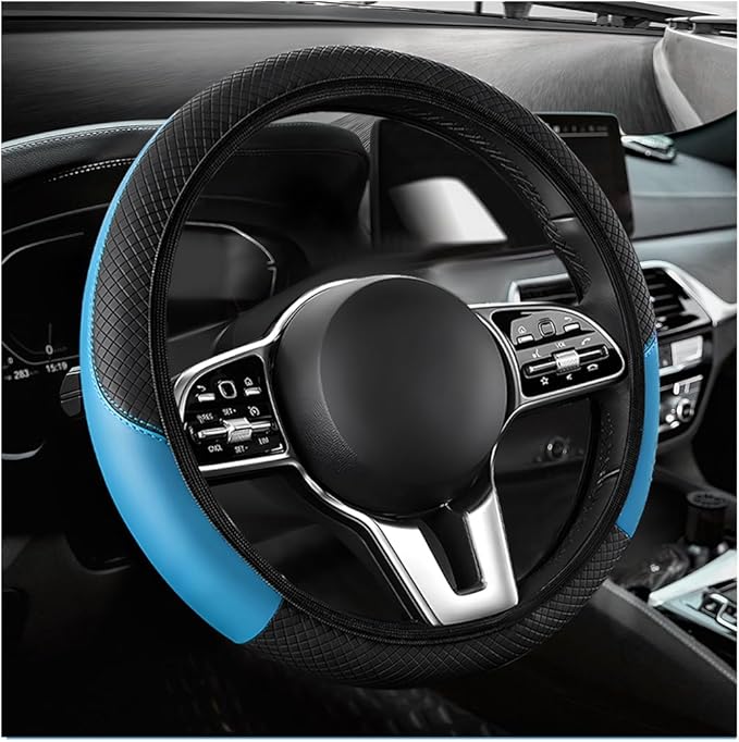 Car Steering Wheel Cover, 15 Inch Carbon Fiber Elastic Vehicle Steering Wheel Protector, Breathable Leather Auto Wheel Covers for Women Men, Interior Car Accessories (Black & Blue, AD)
