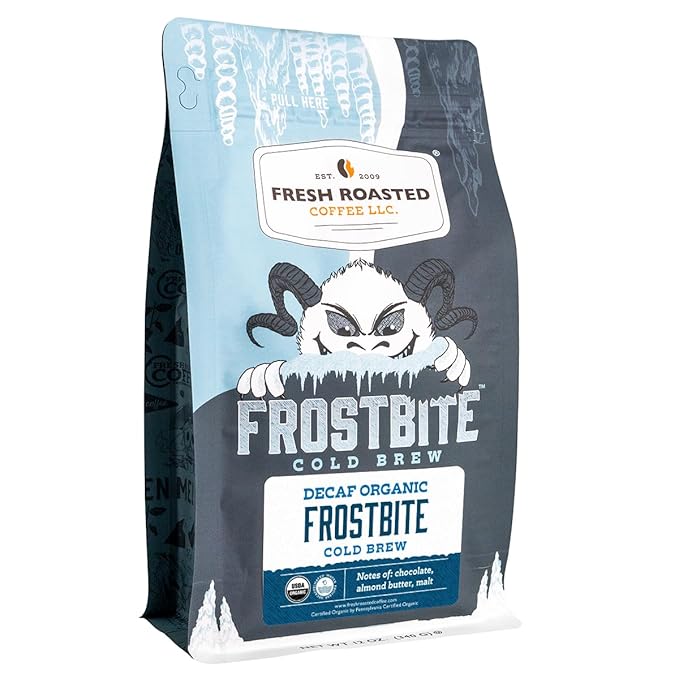Fresh Roasted Coffee, Organic Decaf Frostbite Cold Brew | Mold & Myco 3rd Party Tested | 12 oz, Medium Roast, Kosher | Coarse Ground
