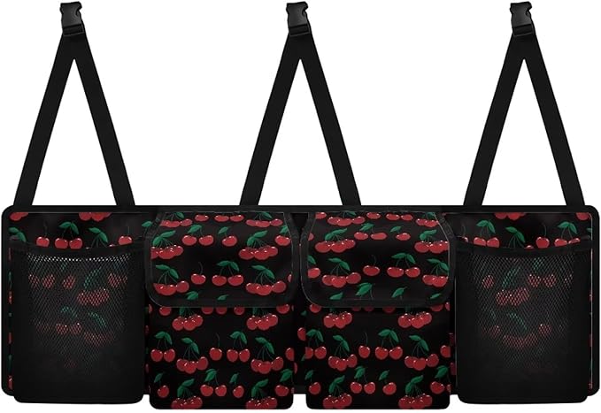 Cherry Car Trunk Organizer, Large Capacity Backseat Trunk Organizer with 4 Pocket, Backseat Hanging Car Storage Organizer Foldable Cargo Storage with Adjustable Straps Universal