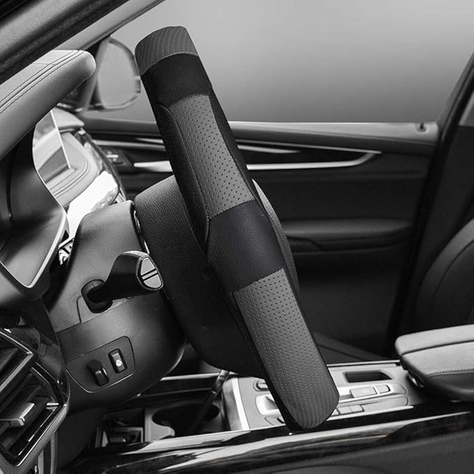 FH Group Universal Fit Deluxe Full Grain Authentic Leather Gray Black Steering Wheel Cover Fits Most Cars, SUVs