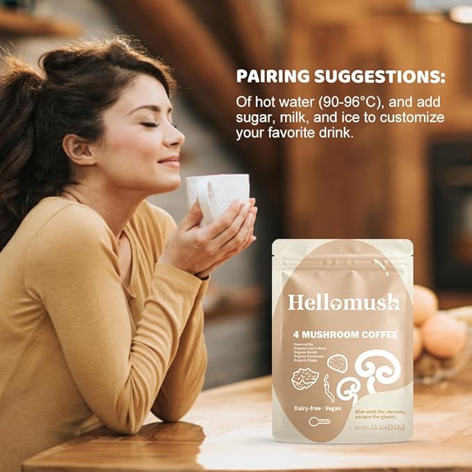 Hellomush Organic Instant Mushroom Coffee with Lions Mane, Reishi, Chaga and Cordyceps Coffee 30 Servings 3.7 oz