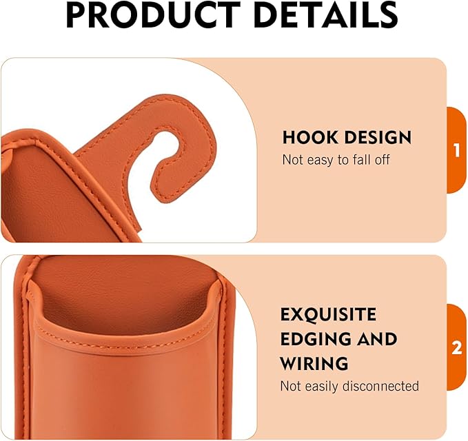 2PCS Car Headrest Cup Holder for Back Seat, PU Leather Premium Storage Accessory, Multi-Functional Anti-Spill Cup Storage Box with Hooks for Bags, Universal for Most Cars (Orange)