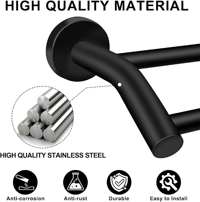MGahyi Adjustable Double Towel Bar 14.5-24.8Inch, Matte Telescopic Stainless Steel Wall Mount Towel Holder, Rustproof Towel Rack for Bathroom Kitchen RV Laundry Hotel (Black, Double-Bar)