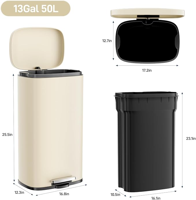 Arlopu 8/13.2 Gallon Step Trash Can, Stainless Steel Garbage Bin, Soft-Close Rubbish Bin with Removable Plastic Inner Bucket, Fingerprint-Proof, Lid Dustbin, Suit for Kitchen (Beige, 50L)