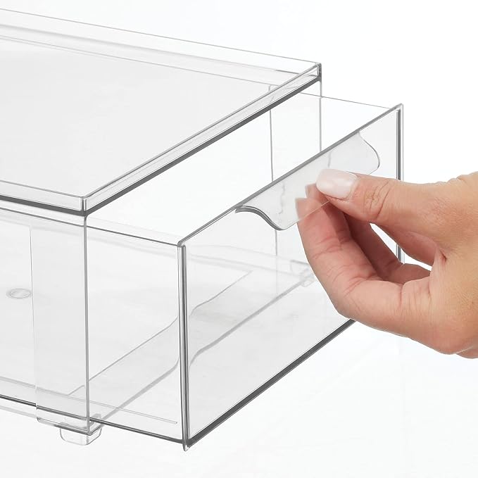 mDesign Plastic Stackable Bathroom Storage Organizer Bin Containers with Front Pull Drawer for Bathroom Countertop, Vanity, Closet Shelves - Holder for Beauty Accessories - Lumiere Collection - Clear
