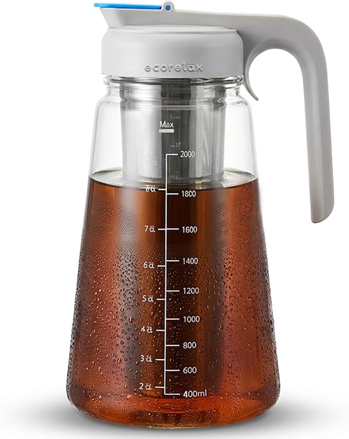 ECORELAX Cold Brew Coffee Maker,High Transparency Borosilicate Glass Container with Stainless Steel Filter, Iced Tea Pitcher with Lid,Modern Style, Ergonomic Handle,Spill-proof Lid (（Gray 64oz)