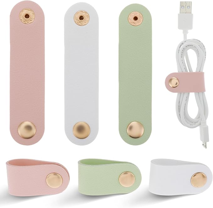 6 Pieces Cord Organizer, PU Leather Cable Organizer Reusable Cable Straps Clips Wire Ties Charging Cord Power Cord Earphone USB Holder Multipurpose Winder Holder Keeper Manager Management