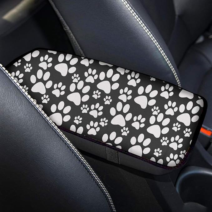 GLENLCWE White Puppy Paws Print Car Armrest Cover with Rubber Band,Soft Shoulder Cushion Center Console Pad Non Slip Universal Car Accessories