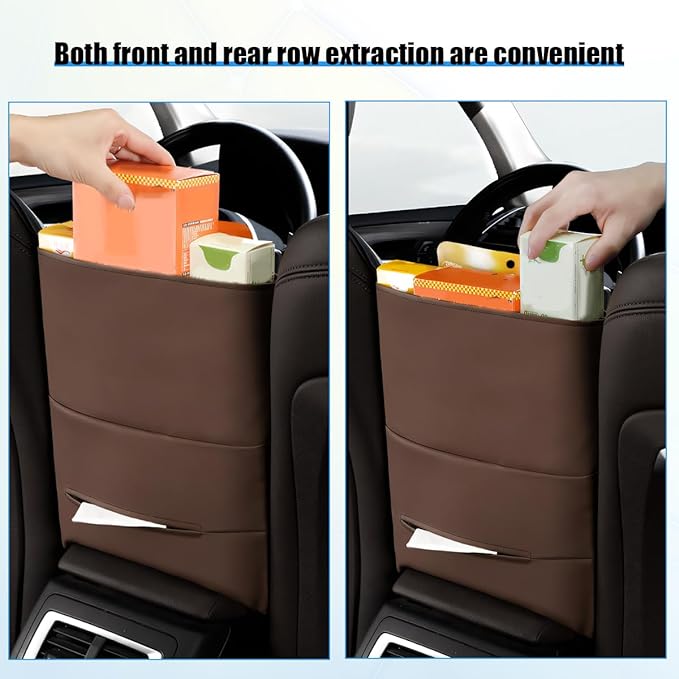 Car Handbag Holder Between Seats, Leather Large Capacity Vehicle Front Seat Purse Organizer Pocket, Automotive Consoles Storage Barrier of Pet Kids, Universal for SUV RV Truck (Brown)