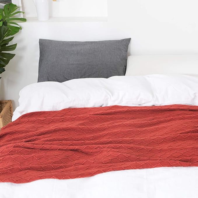 BOURINA Rust Throw Blanket 50 x90 Inches Textured Solid Soft Sofa Throw Bed Runner Knitted Decorative Blanket