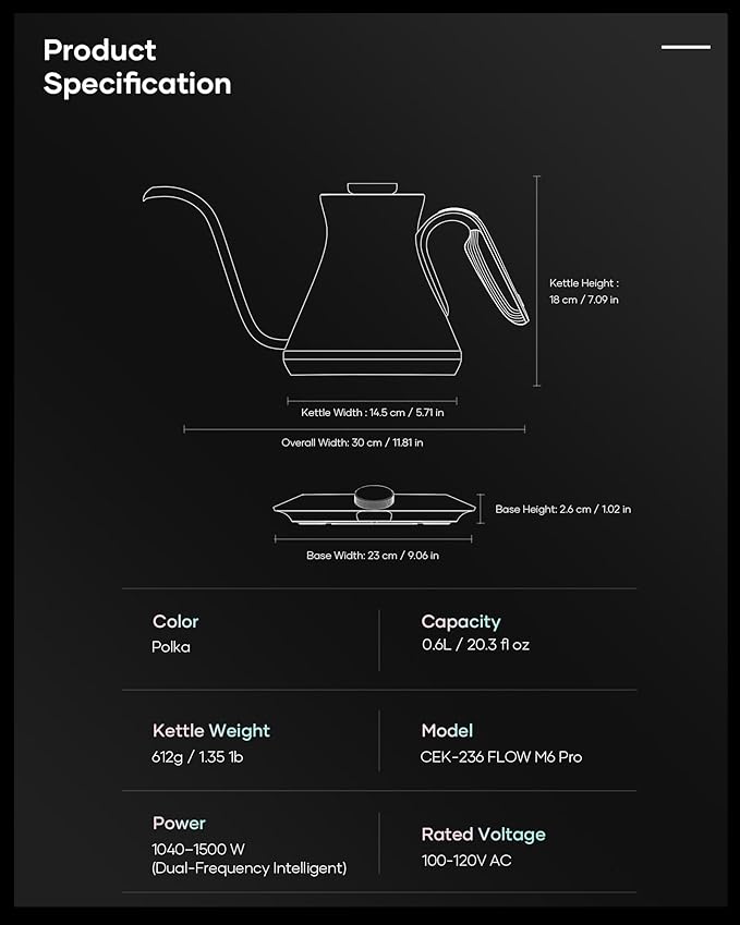 Cocinare Color-changing Collection Polka Gooseneck Electric Kettle, ±0.5℉ Precise Temperature Control for Pour-Over Coffee & Tea, Quick Heating 1500W, Stainless Steel Interior, 0.9L