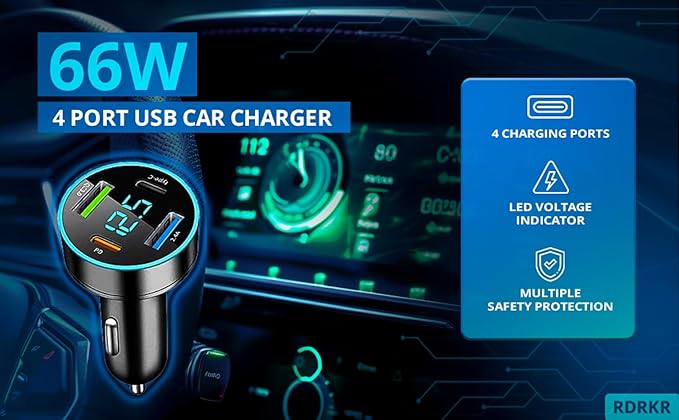 66W Fast Car Charger 4-Port USB C – PD 20W + QC 3.0 + 2 USB 2.4A, Cigarette Lighter Adapter with LED Voltage Meter, Compatible with iPhone 15/14/13, Samsung Galaxy, iPad & Android Devices RDRKR