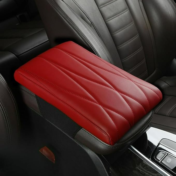 Car Center Console Cover Nappa Leather Memory Foam Armrest Box Seat Box Cushion Protector Pad Comfortable Height Increase Universal for Car Truck SUV (Strip,Red)