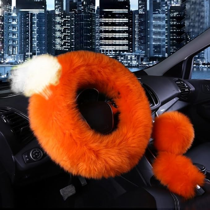 15inches Universal Leather Car Steering Wheel Cover Car Accessories Colorful Fuzzy Steering Wheel Cover Gear Shift Cover Handbrake Cover (Orange)
