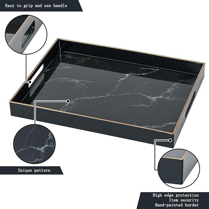 Serving Tray, Marble Plastic Food Trays for Eating on Lap Decor Coffee Tray with Handles Rectangular Non-Slip Candle Plate, 15.7"x11.8"x1.6" Large Drinks Platter for Kitchen/Living Room/Bedroom