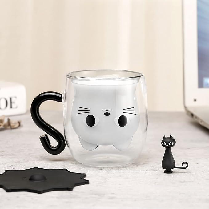 Cat Mugs, Double Wall Glass Cute Coffee Tea Cup, Graduation Valentines Mothers Day Easter Halloween Christmas Gifts for Women Wife Mum Her Girl Teacher Friend, Birthday Present Idea
