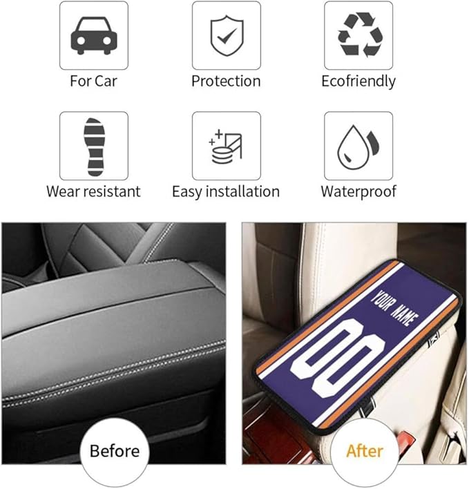 Custom Car Armrest Cover,Add Personalized Name and Number As Gifts for Loyal Football Fans,American Football Auto Center Console Pad Car handrail Box Cushion,Fit for Most Car Seat Box Cover Protector