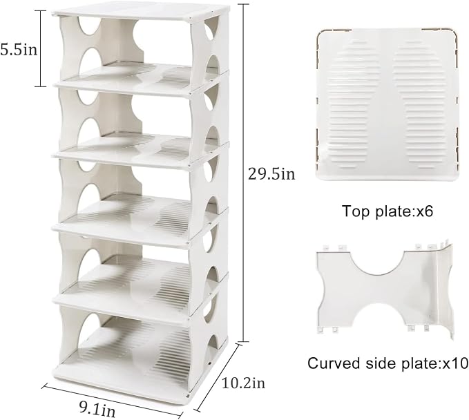 6-Tier Shoe Rack,Stackable Shoe Storage Organizer for Bedroom Entryway, Adjustable Shoe Rack,Shoe Slots Organizer Shelf, Easy Clean Shoe Tower Rack,White