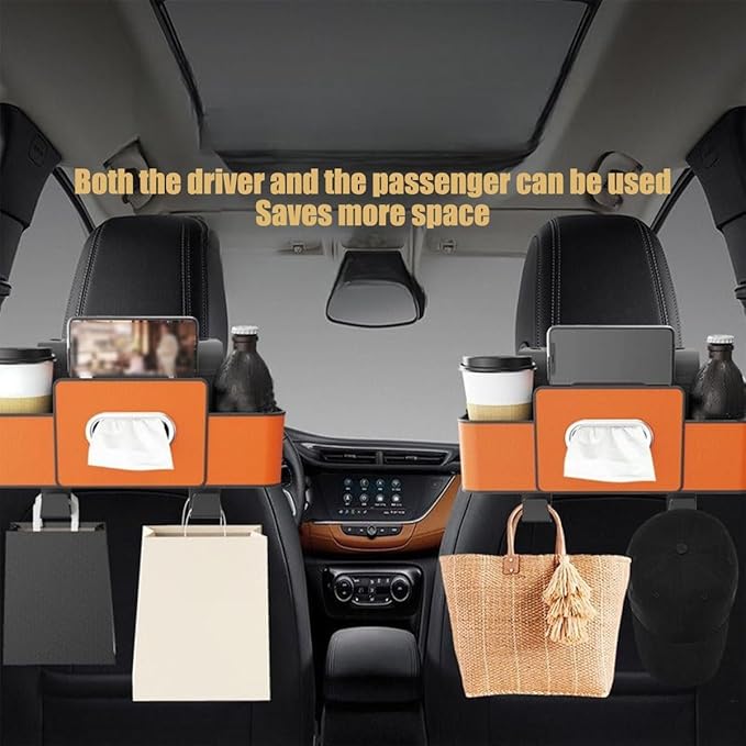 Car Organizers and Storage Box, Car Headrest Organizer Back Seat, Car Multifunctional Seat Back Waterproof Storage Bag, Car Seat Back Storage Box with 2 Cup Holders＆hooks (Orange, 2pcs)