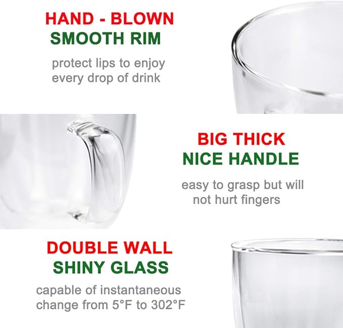 Glass Coffee Mug Set of 2 - Double Wall Clear Espresso Cup with Large Handle, Great for Latte, Cappuccino and Juice, 19 Ounce (560 ml), BE026
