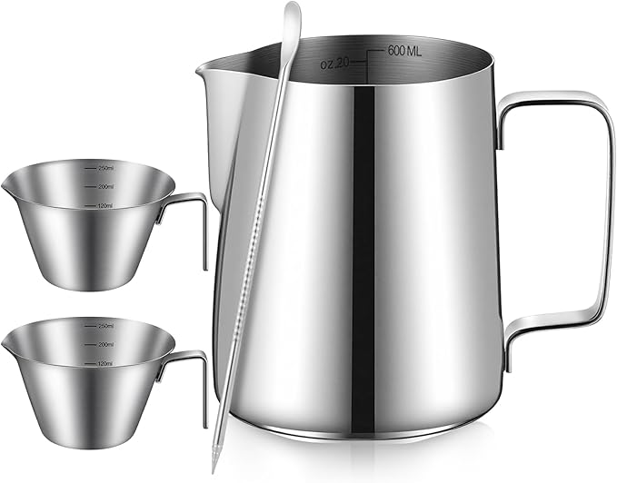 4 Pcs Espresso Accessories Kit with Espresso Cups with Handle, Milk Frothing Pitcher and Latte Art Pen Stainless Steel Cappuccino Machine Accessories for Coffee Bar (Silver,250ml, 600ml)