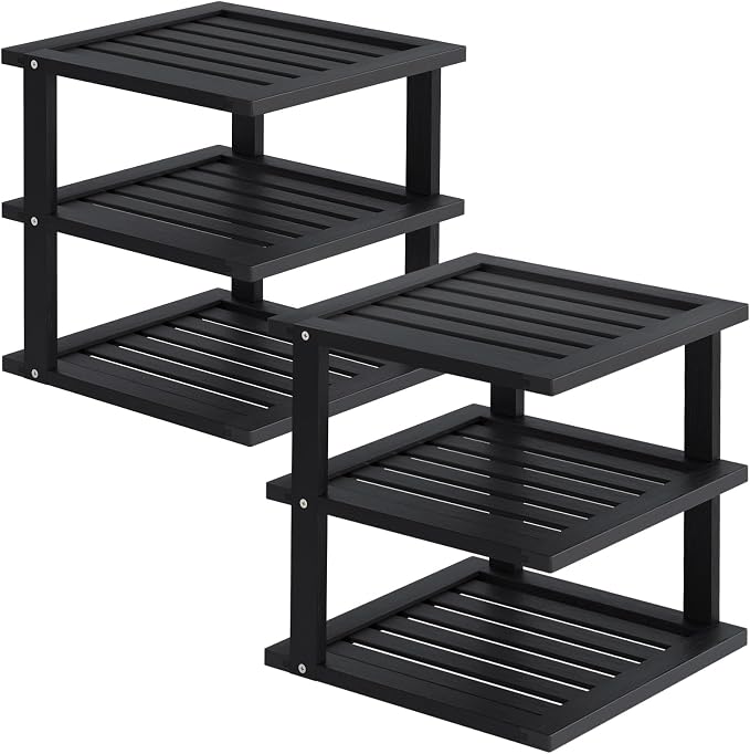 2 Pack Bamboo Corner Shelf,3 Tier Kitchen Cabinet Organizer for Plates and Dishes,Pantry Storage and Spice Rack（Black）