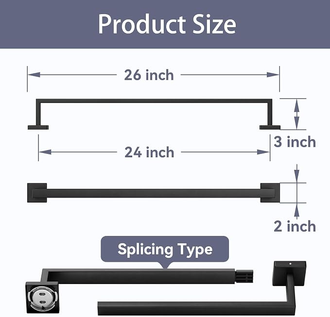 24 Inch Matte Black Towel Bar, Square Base Bathroom Towel Rack, Towel Holder Wall Mounted, Thicken SUS304 Stainless Steel Towel Rod Modern Home Decor (Total Length 26-Inch)