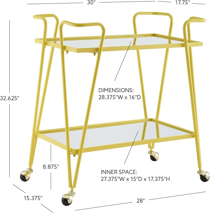 Gina Yellow Mid Century Bar Cart with Mirrored Shelves by Linon