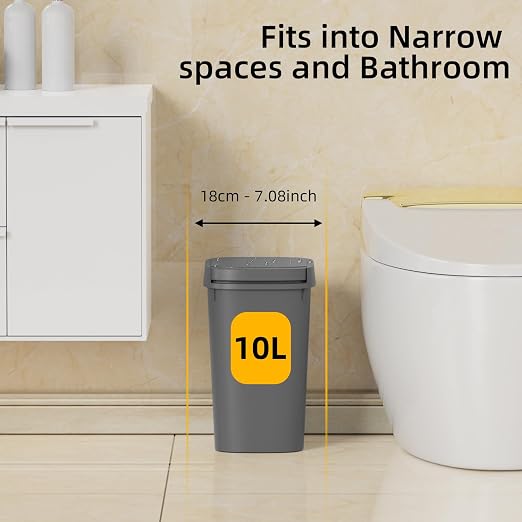 KSSKSS 3 Pack Bathroom Small Trash Can with Lid, 2.6 Gallon Slim Garbage Bin with Pop-Up Lid, 10L Plastic Wastebasket for Bedroom, Office, Kitchen, Toilet (Gray)