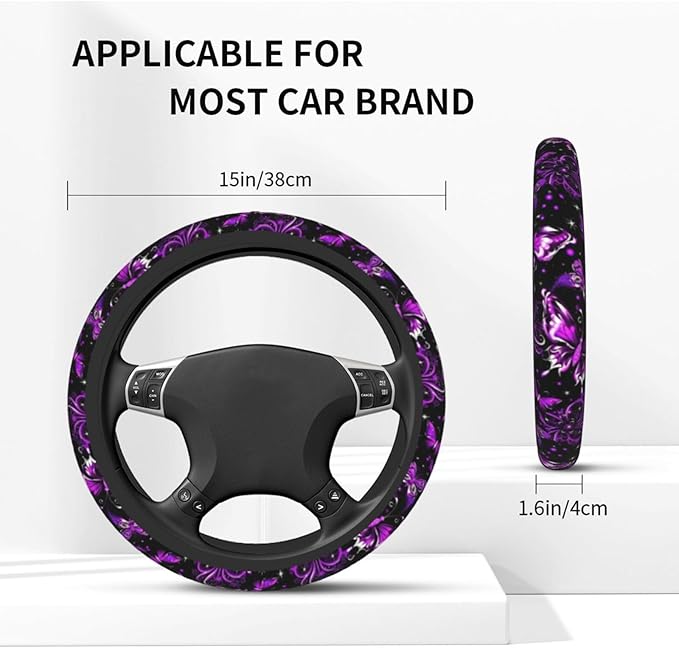 Purple Butterfly and Flower Universal Steering Wheel Cover for Men Women, Soft Anti Slip Stretch Neoprene Steering Wheel Covers Car Protector Accessories 15 Inch-Black