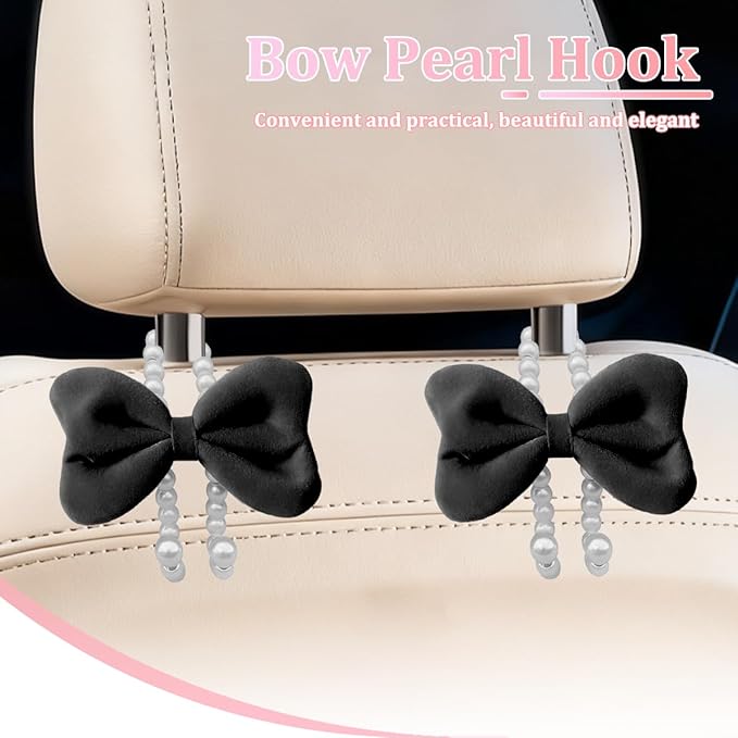 Car Seat Headrest Hook, 2PCS Elegant Bow Pearl Cute Vehicle Back Seat Hanger Hook, Automotive Headrest Storage Organizer for Handbag Purse Coat, Universal for SUV RV Truck (Black)