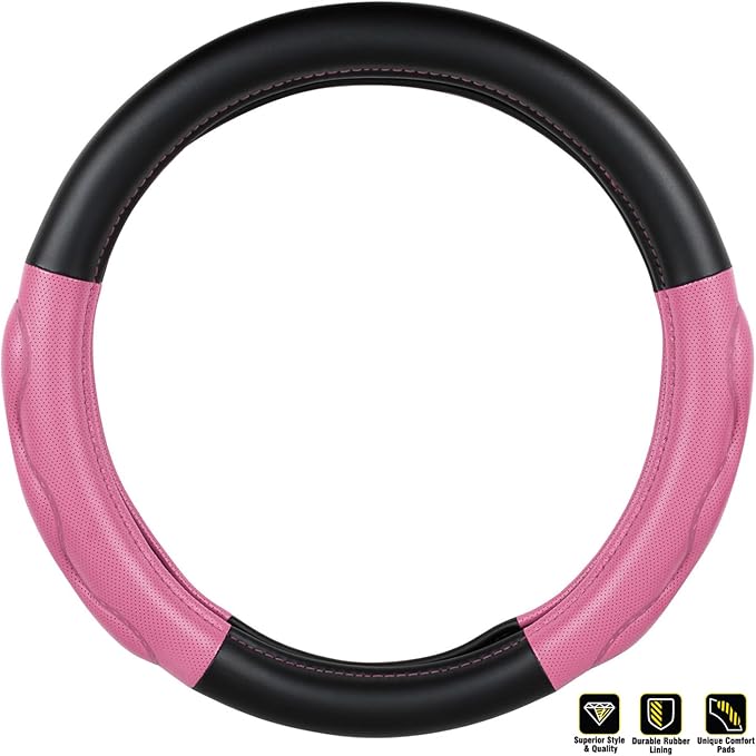 GG Grand General 54081 18 inches Deluxe Plus Steering Wheel Cover Full Black with Pink Comfort Pad