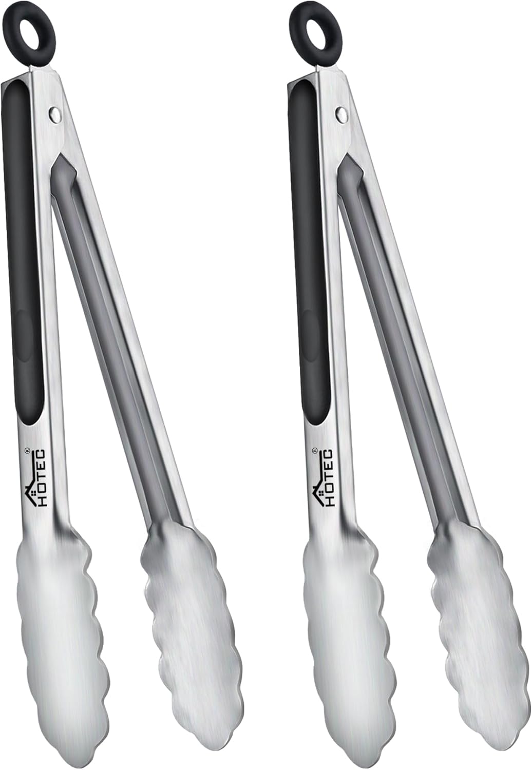 Hotec Stainless Steel Kitchen Tongs, Set of 2-9" and 12", Locking Metal Food Tongs for Cooking, Serving, BBQ, Grill Non-Slip Grip